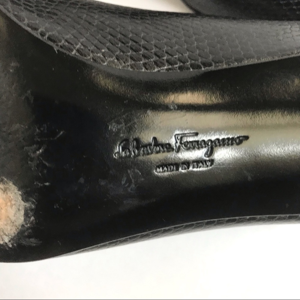 Salvatore Ferragamo Black Snakeskin Leather and Classic Gancini Logo Heel 8 - Picture 8 of 11